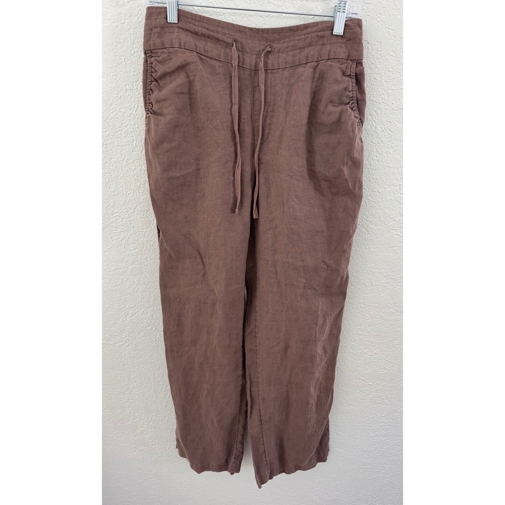 Womens Linen Pull On High Rise Wide Leg Coastal Pants Size Medium Brown Beachy